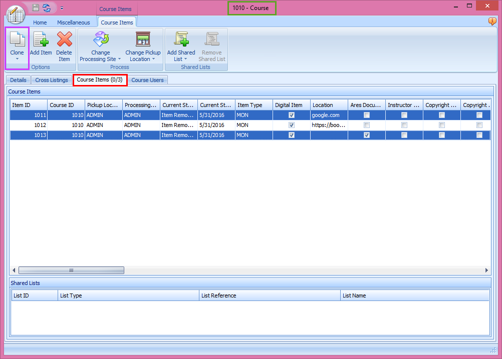 Ares Course Items tab with Clone button highlighted